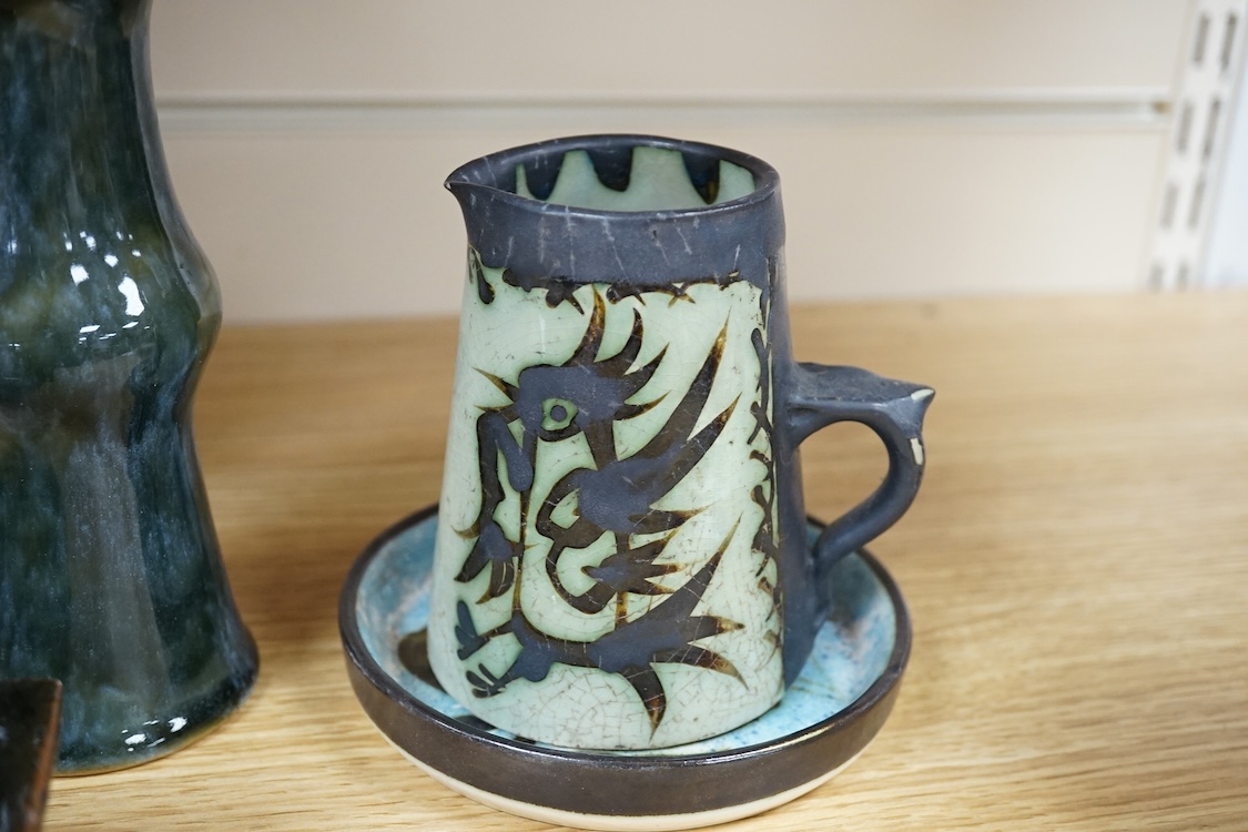 A collection of studio pottery to include a Celtic pottery Newlyn goblet, various jugs and bowls, largest 19cm high